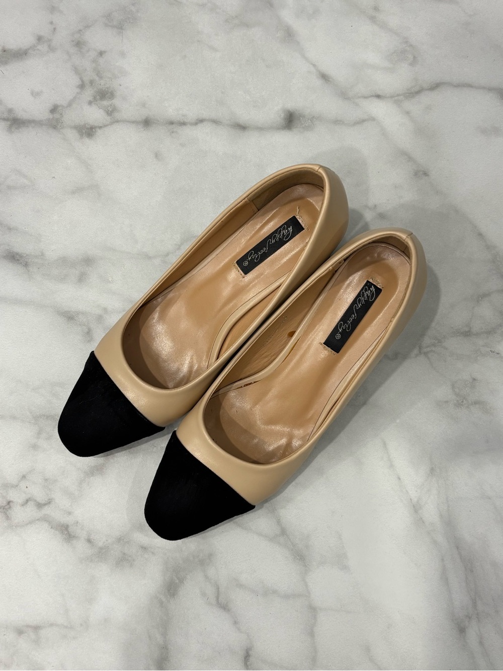 Classic Two-Tone Cap-Toe Heel Pumps - Black & Nude Size 6.5 / 235